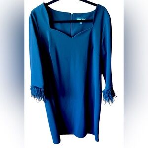 Shelby Nites Womens Black Feather Detail 3/4 Sleeve, Elegant Dress, Sz16